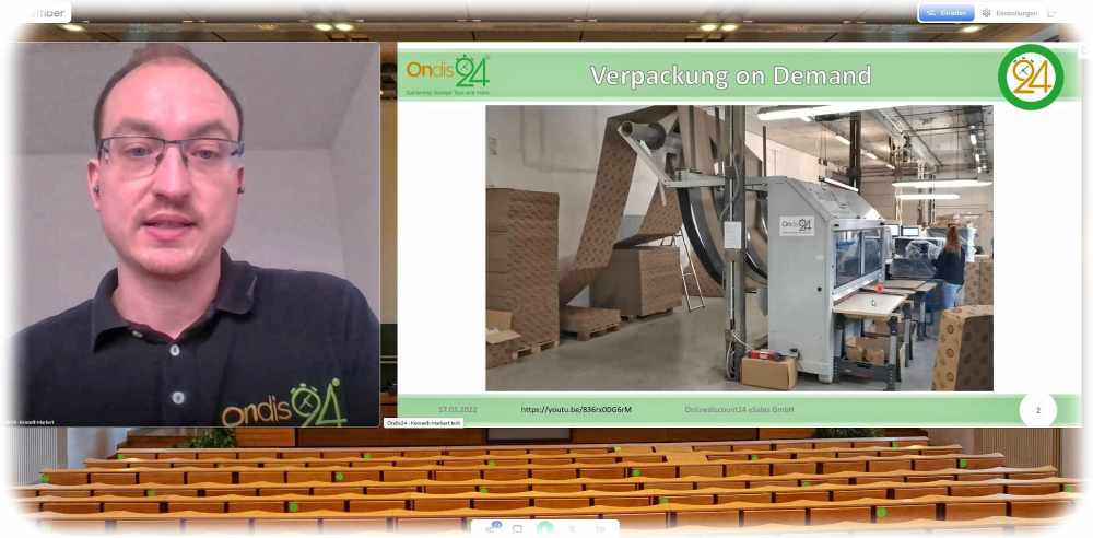 Kenneth Markert stellt während der virtuellen Konferenz "Fabrik der Zukunft" an der HTW Dresden die neue Verpackungstechnik vor. Bildschirmfoto: hw