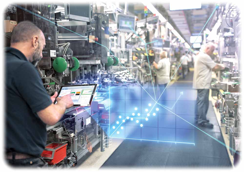 Industrie 4.0 wird zum wichtigen Wirtschaftsfaktor. 2019 hat Bosch mehr als 750 Millionen Euro Umsatz mit vernetzten Lösungen für Fertigung und Logistik erzielt  ein Wachstum von 25 Prozent gegenüber dem Vorjahr. Visualisierung und Foto: Bosch