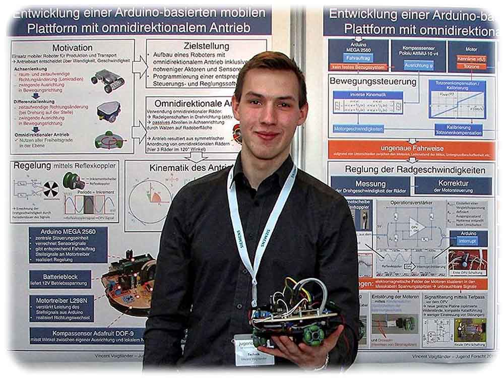 Vincent Voigtlaender ist mit seinem Arduino-gesteuerten Roboterantrieb Landessieger für Technik geworden. Foto: Jugend forscht Sachsen
