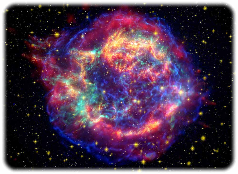 Nach einer Supernova bleibt von einem Stern oft nicht mehr als ein Nebel mit einem schwarzen Loch oder einem weißen Zwerg im Zentrum. Der Nebel "Cassiopeia A" zum Beispiel ist der Überrest einer Sternenexplosion, die sich etwa 10.000 Lichtjahre von der Erde entfernt ereignet hat. Das spektakuläre Bild kam zustande, weil Astronomen mehrere Teleskop-Aufnahmen zu einem sogenannten Falschfarbenbild zusammengesetzt haben. Womöglich haben sich in kosmisch kurzen Zeitabständen viele solcher Supernovae in Erdnähe ereignet. Abb.: NASA/JPL-Caltech/STScI/CXC/SAO