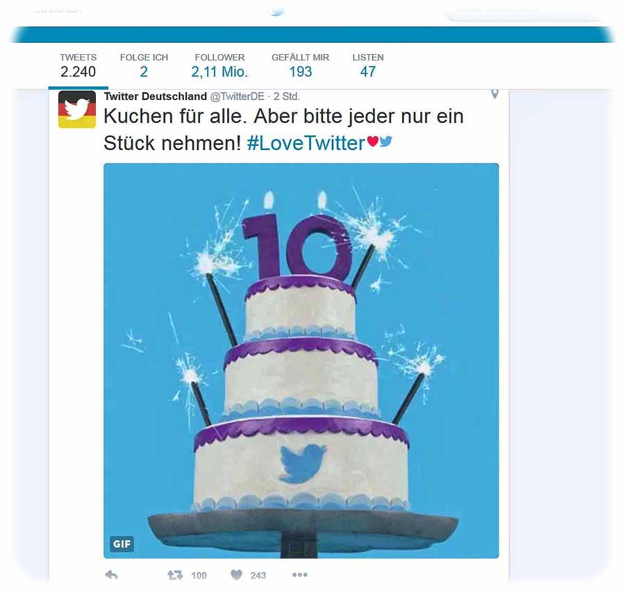 Twitter feiert heute (21. März 2016) seinen 10. Geburtstag. Abb.: Bildschirmfoto Twitter