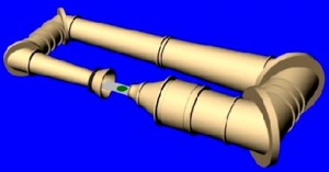 Das Röhrensystem des TU-Windkanals - vorne mittig der Teststand, auf dem sich auch die Sportler flachlegen. Abb.: TUD