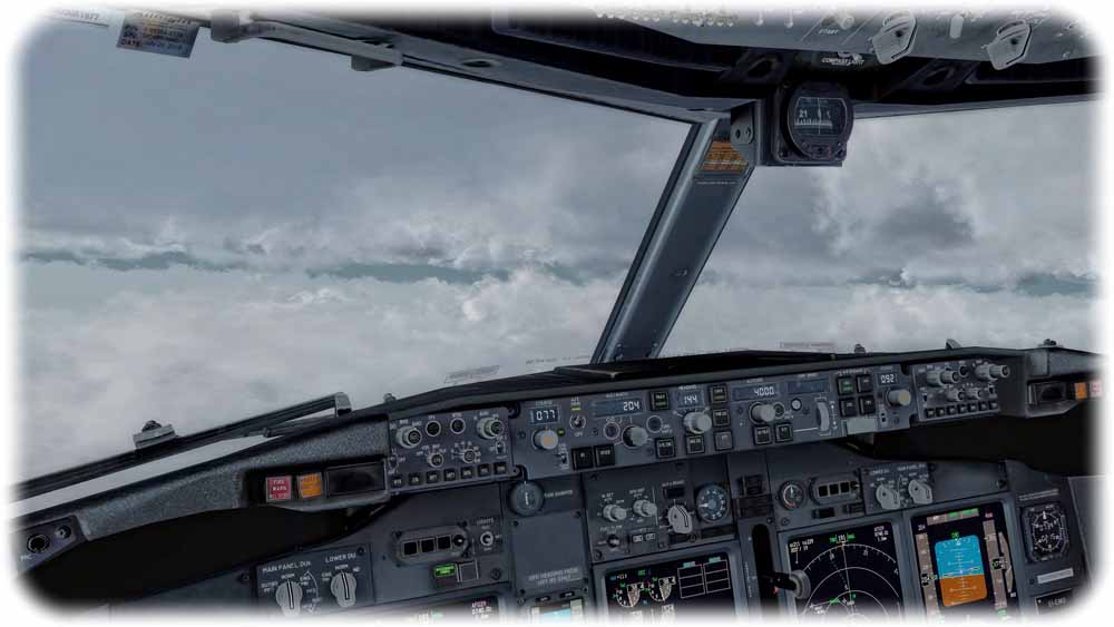 Blick auf die Wolken mit aktiviertem xEnviro aus der Pilotenkanzel. Abb.: Bildschirmfoto (Jan Gütter) aus xEnviro